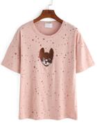 Romwe Pink Cat Print Hollow Out T-shirt