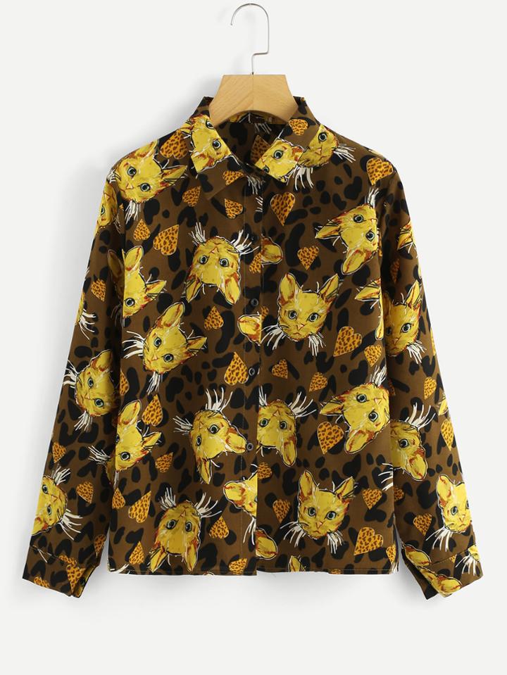 Romwe Cat Print Single Breasted Shirt