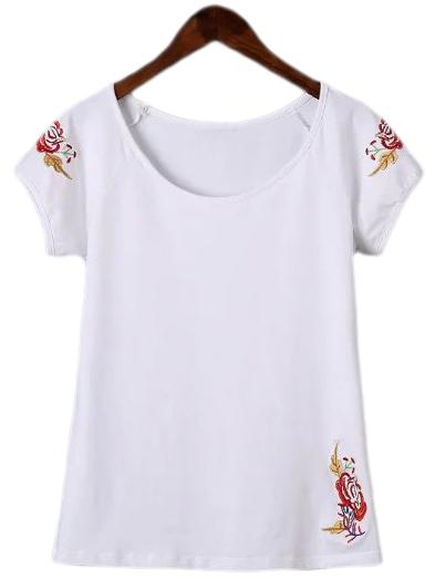 Romwe White Scoop Neck Embroidery Casual T-shirt