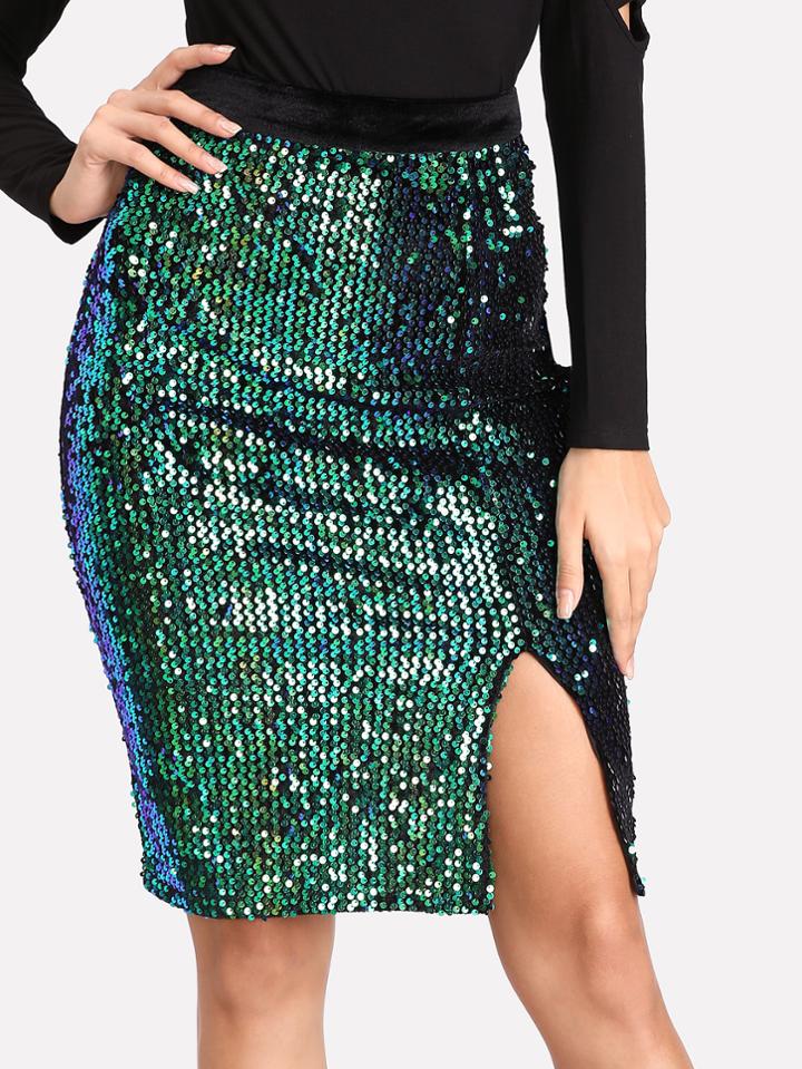 Romwe Iridescent Sequin Skirt
