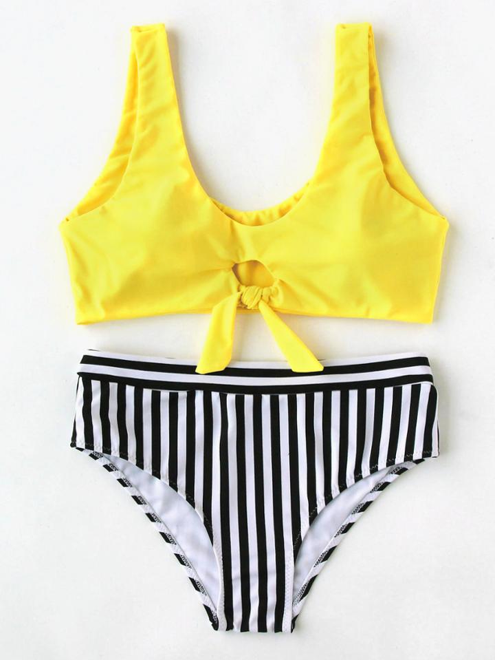 Romwe Knot Front Vertical Striped Bikini Set