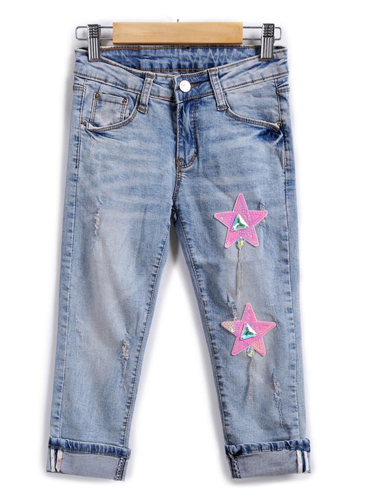 Romwe Cuffed Star Patch Denim Pant