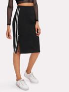 Romwe Buttoned Varsity Striped Side Pencil Skirt