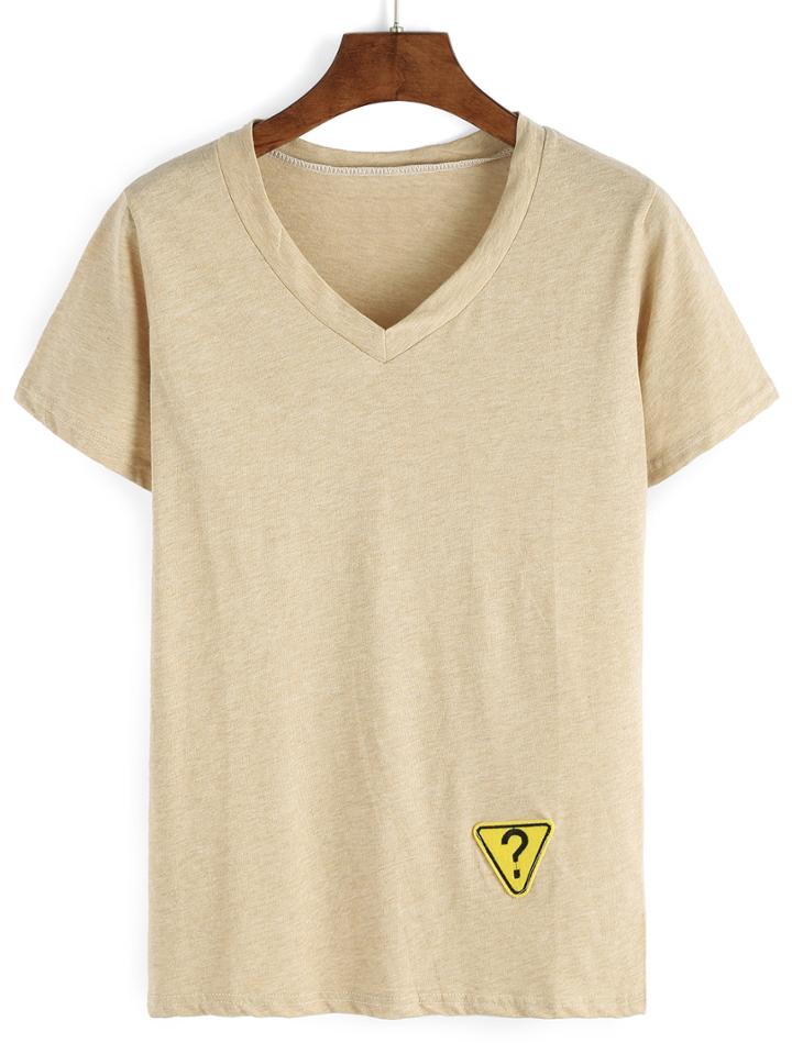 Romwe Round V-neck Embroidered Patch T-shirt - Khaki
