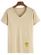 Romwe Round V-neck Embroidered Patch T-shirt - Khaki