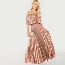 Romwe Flounce Bardot Pleated Satin Maxi Prom Dress