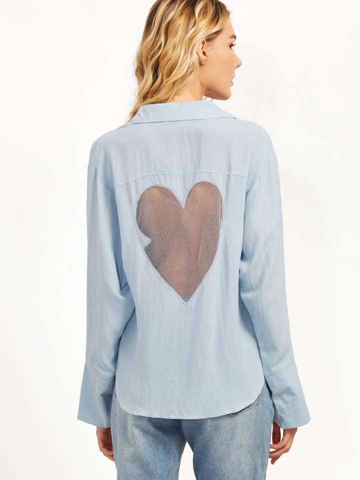 Romwe Pale Blue Heart Contrast Mesh Back Button Shirt