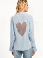 Romwe Pale Blue Heart Contrast Mesh Back Button Shirt
