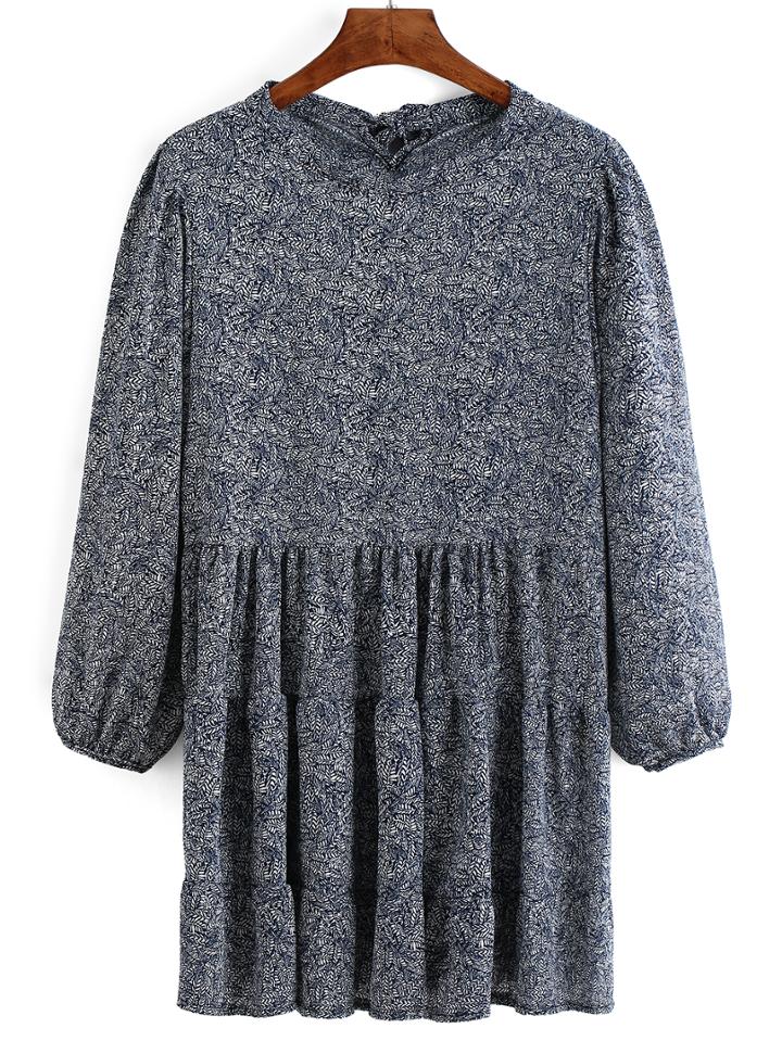 Romwe Leaves Print Pleated Dress