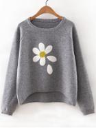 Romwe Flower Print Raglan Sleeve Dip Hem Sweater