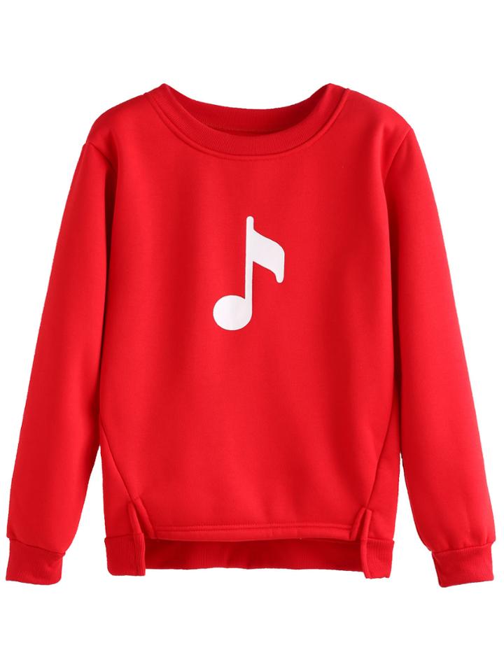 Romwe Red Music Note Print High Low Sweatshirt