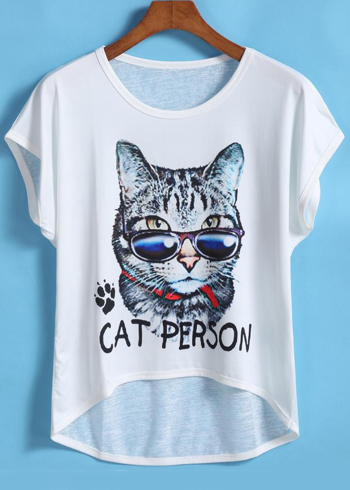 Romwe Dip Hem Cat Print T-shirt