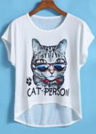 Romwe Dip Hem Cat Print T-shirt