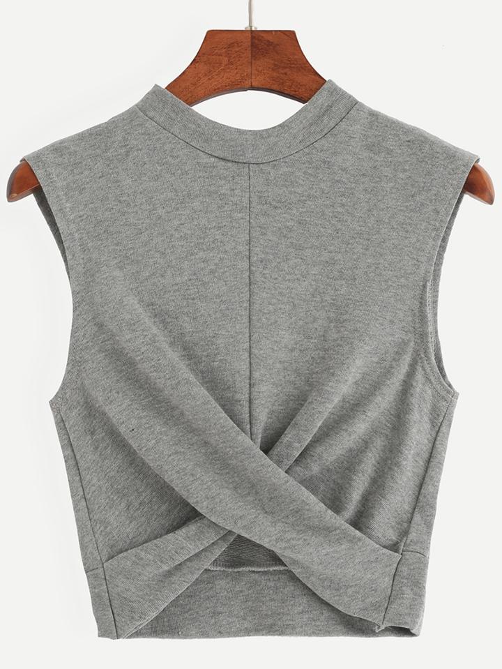 Romwe Grey Mock Neck Crop Draped Tank Top