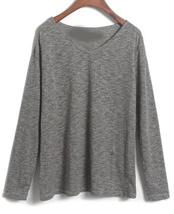 Romwe V Neck Slim Grey T-shirt