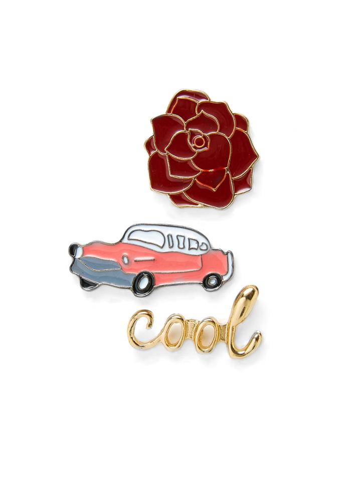 Romwe Car & Flower Design Brooch Set