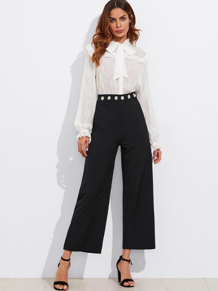 Romwe Pearl Detail Waist Wide Leg Pants
