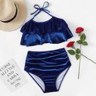 Romwe Flounce Halter Top With High Waist Velvet Bikini
