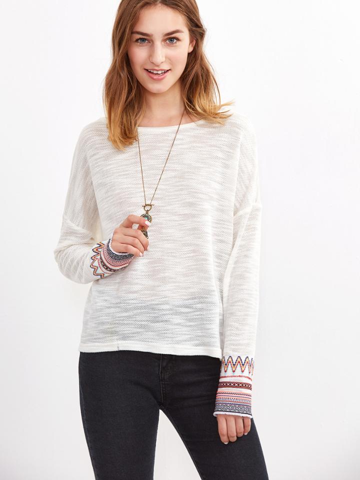 Romwe White Drop Shoulder Tribal Pattern Cuff Slub Sweater