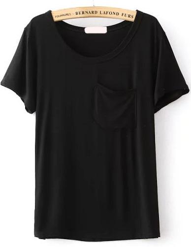 Romwe Round Neck With Pocket Black T-shirt
