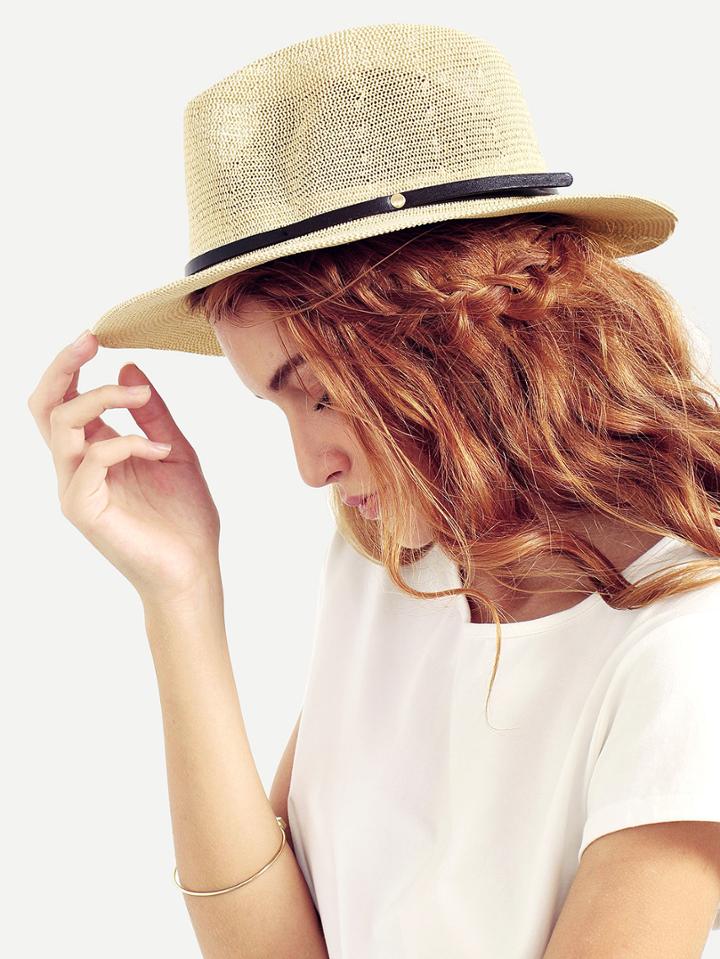 Romwe Beige Ribbon Accent Straw Hat