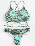 Romwe Ladder Cutout Tropical Print Bikini Set