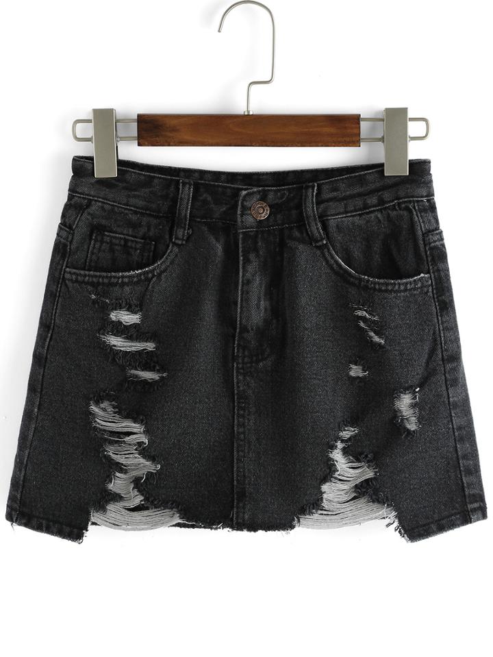 Romwe Ripped Denim Black Skirt
