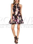 Romwe Black Sleeveless Cut Out Floral Flare Dress