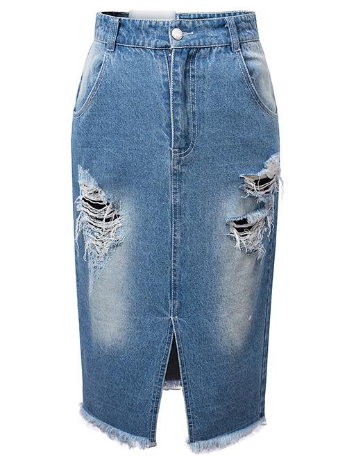 Romwe Blue Ripped Split Raw-edge Hem Denim Skirt