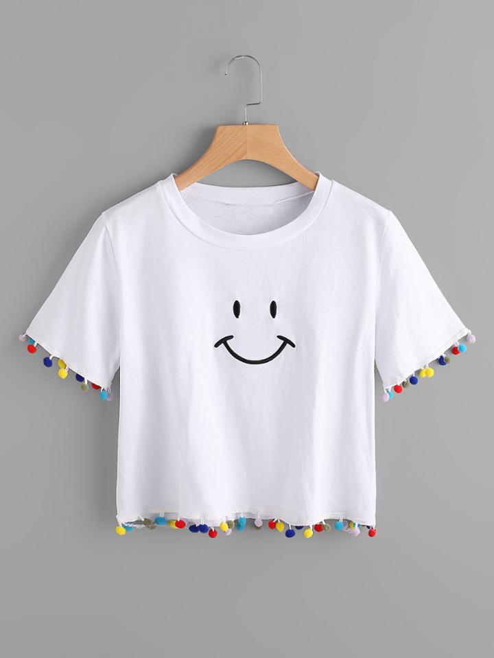 Romwe Smile Embroidered Pom Pom Hem Tee
