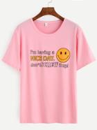 Romwe Pink Smiley Face Print Drop Shoulder T-shirt