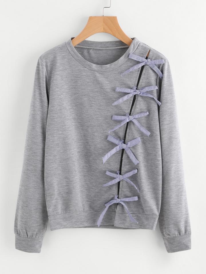 Romwe Bow Tie Detail Marled Sweatshirt