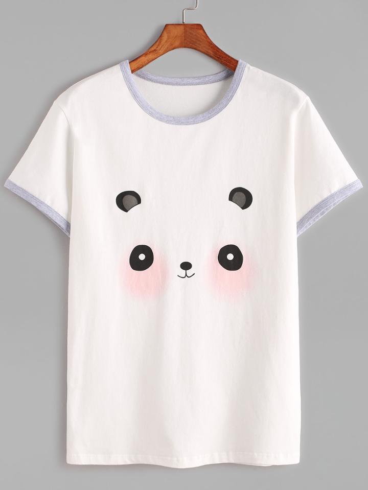 Romwe White Panda Print Ringer T-shirt