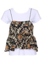 Romwe Romwe Flower Print Short-sleeved Black Blouse
