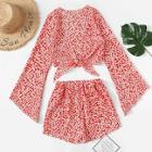 Romwe Floral Print Knot Top With Shorts