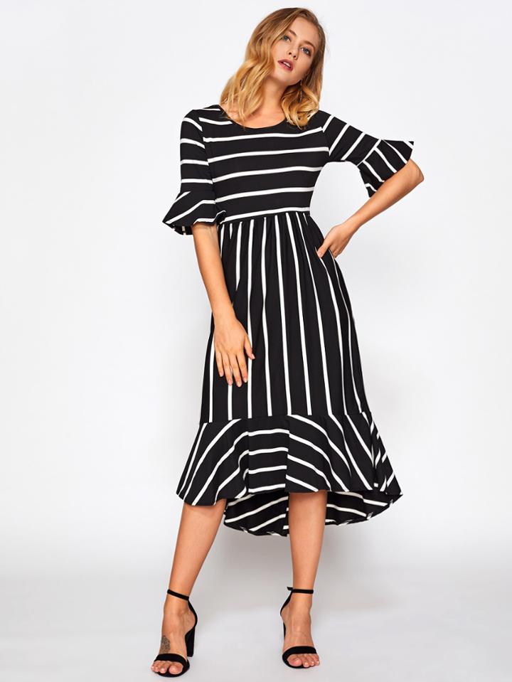 Romwe Fluted Sleeve Frill Hem Striped Dress
