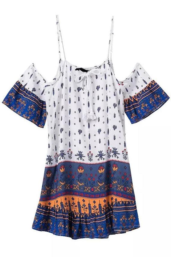 Romwe Spaghetti Strap Vintage Print Shift Dress
