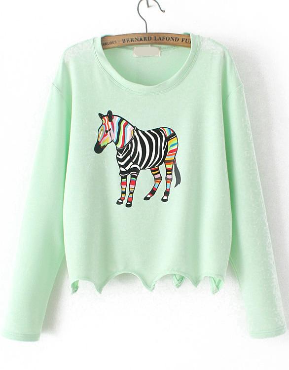 Romwe Zebra Print Crop Green Sweatshirt