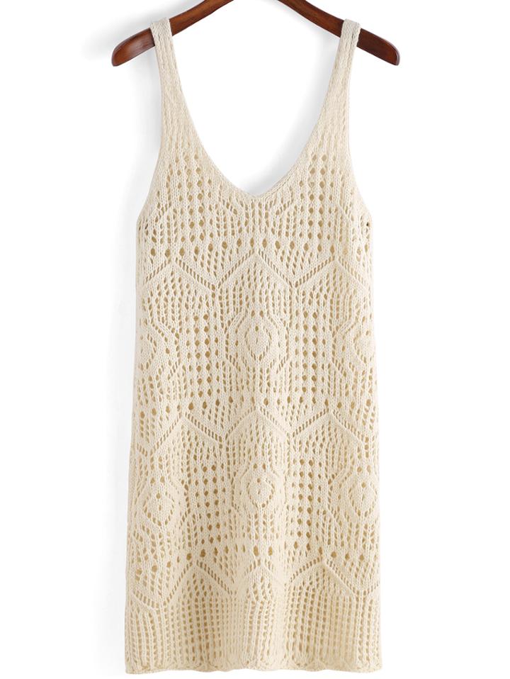Romwe V Neck Open-knit Apricot Tank Top