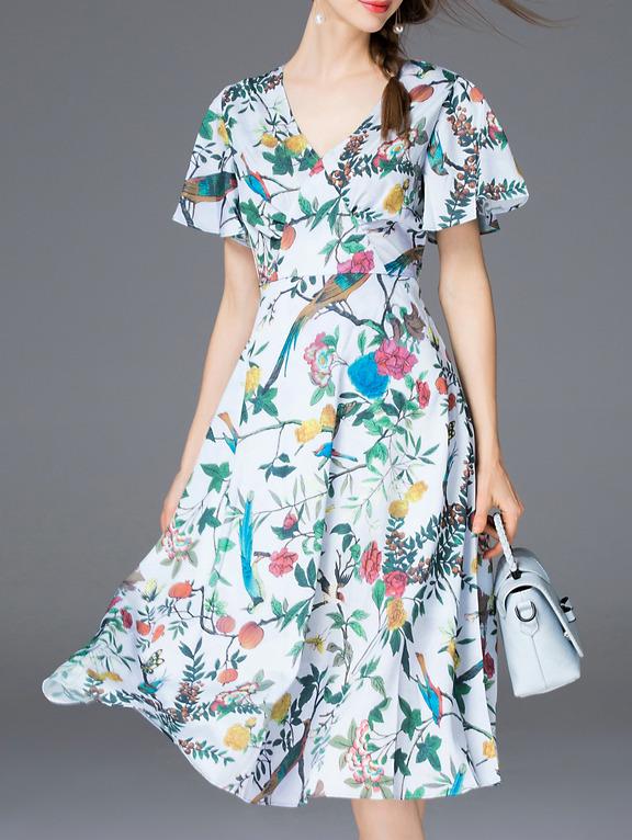 Romwe White V Neck Tie-waist Print Dress