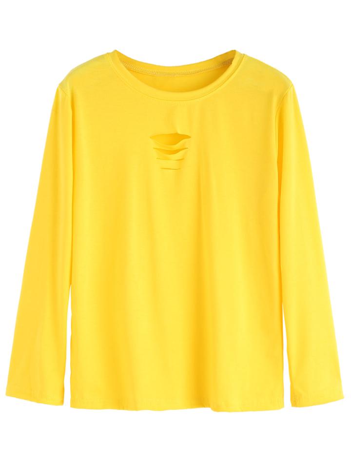 Romwe Yellow Ripped Long Sleeve T-shirt