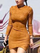 Romwe Brown Mock Neck Suede Bodycon Dress