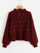 Romwe Pearl Embellished Exaggerated Bishop Sleeve Ribbed Sweater