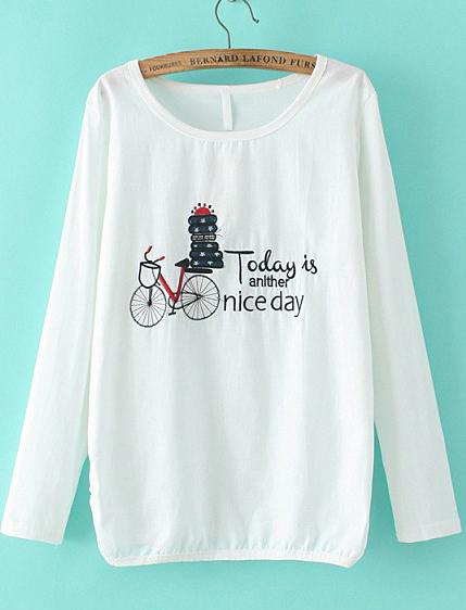 Romwe White Long Sleeve Bicycle Embroidered Blouse