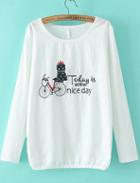Romwe White Long Sleeve Bicycle Embroidered Blouse