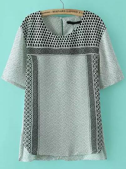 Romwe Black White Round Neck Geometric Print Blouse