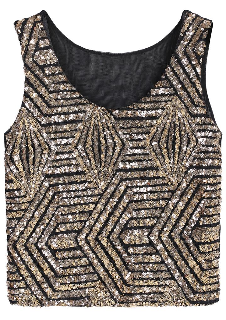 Romwe Sleeveless Sequined Geometric Gold Vest