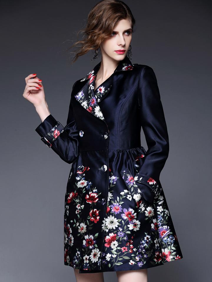 Romwe Navy Lapel Long Sleeve Pockets Print Coat