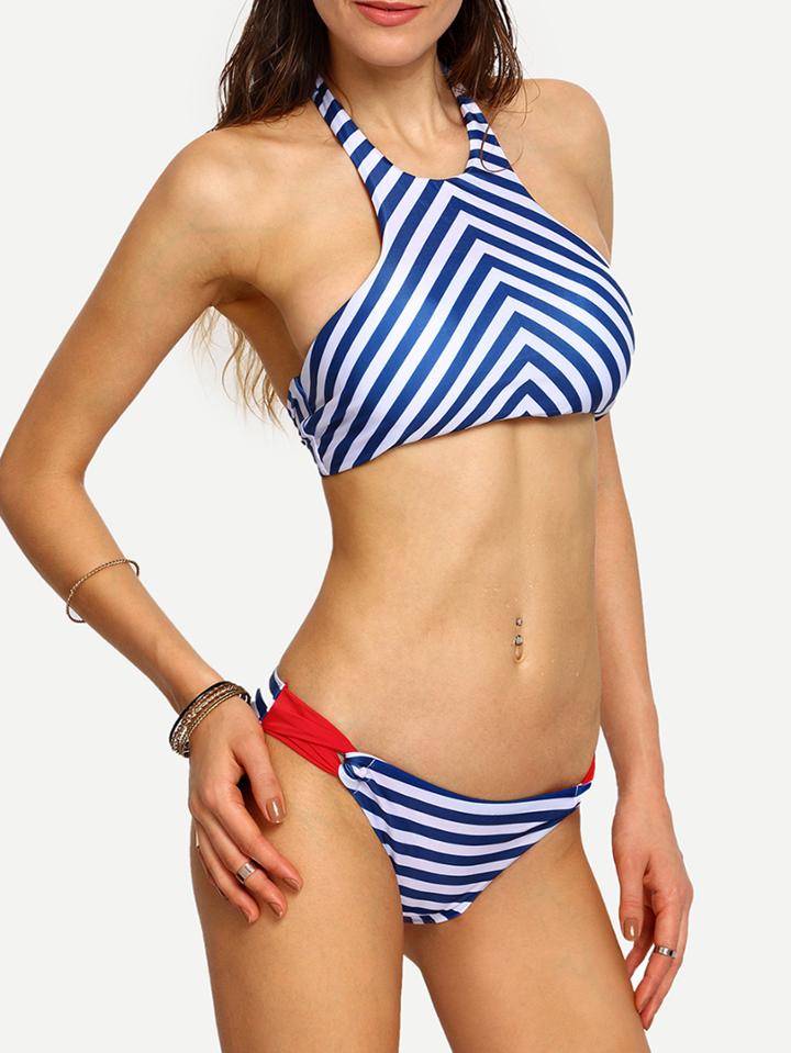 Romwe Chevron Print Racer Front Bikini Set