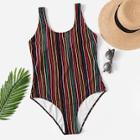 Romwe Plus Striped Low Back Colorblock One Piece Swimwear